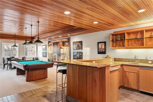 interior space featuring recessed lighting, wood ceiling, dishwasher, indoor wet bar, and decorative light fixtures