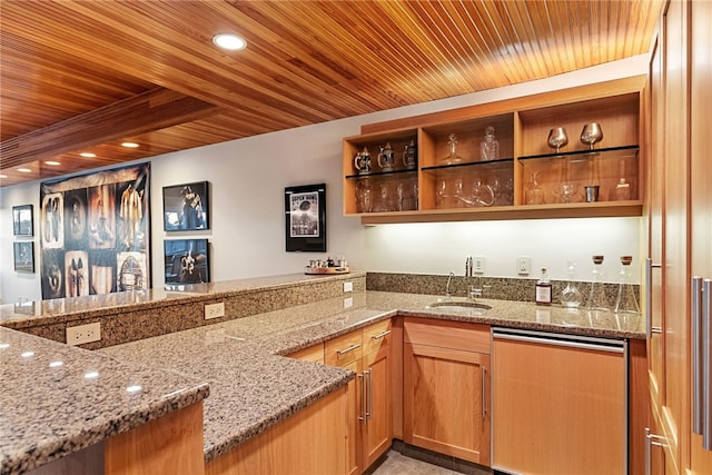 bar with dishwashing machine, recessed lighting, a sink, wood ceiling, and wet bar