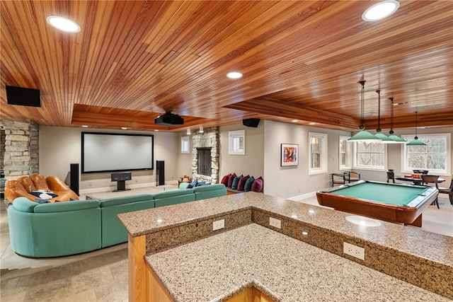 home theater room with pool table, wood ceiling, and recessed lighting