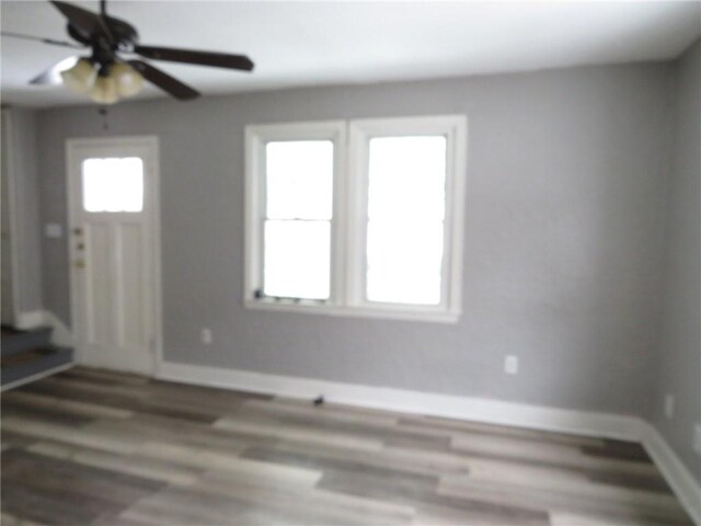 entrance foyer with ceiling fan and hardwood / wood-style floors