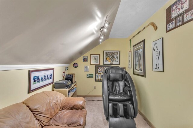 home theater room featuring lofted ceiling, light colored carpet, and rail lighting