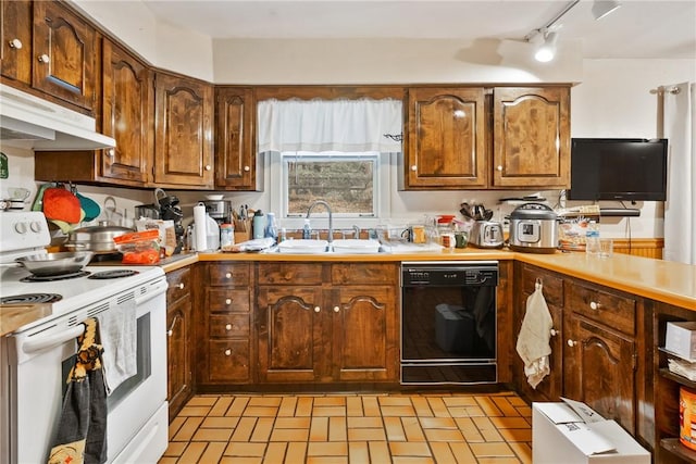 kitchen with sink, dishwasher, and white range with electric stovetop