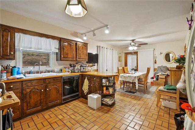 kitchen featuring sink, black dishwasher, and ceiling fan