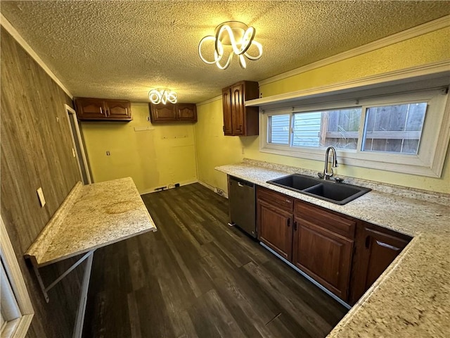 kitchen featuring dark wood-type flooring, sink, stainless steel dishwasher, ornamental molding, and light stone countertops