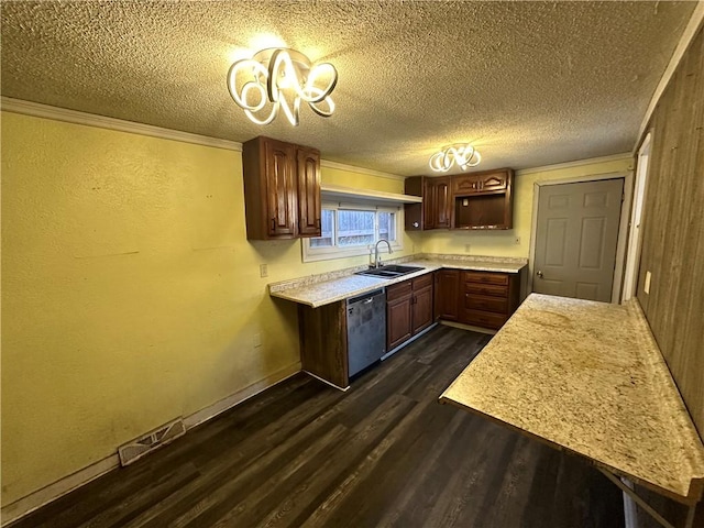 kitchen with stainless steel dishwasher, ornamental molding, dark hardwood / wood-style floors, and sink