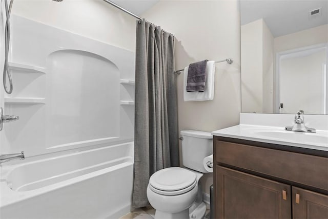 full bathroom with shower / bath combination with curtain, vanity, and toilet