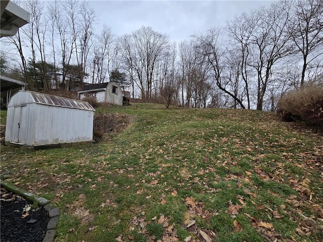 view of yard with a shed