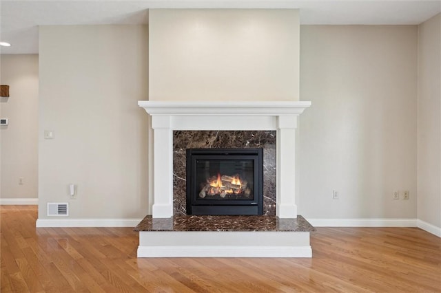 room details with hardwood / wood-style flooring and a fireplace