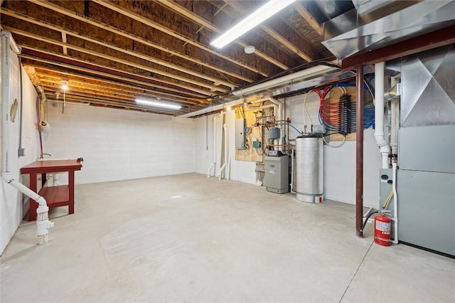 basement with heating unit and electric panel