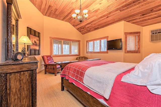 bedroom with an inviting chandelier, vaulted ceiling, wooden ceiling, a wall unit AC, and light colored carpet