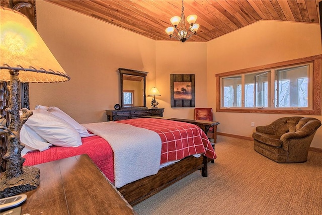 carpeted bedroom with lofted ceiling, wooden ceiling, and a chandelier