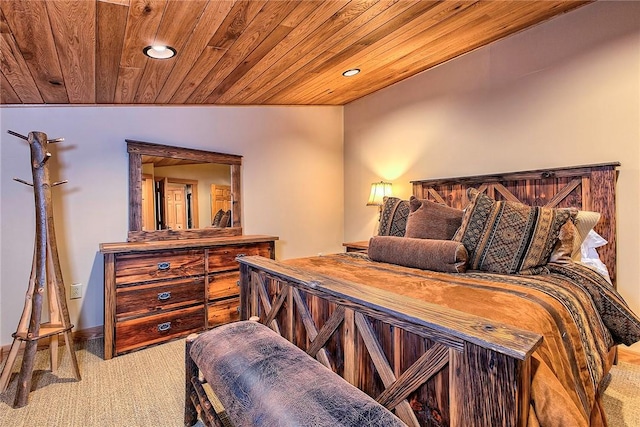 bedroom with carpet and wooden ceiling