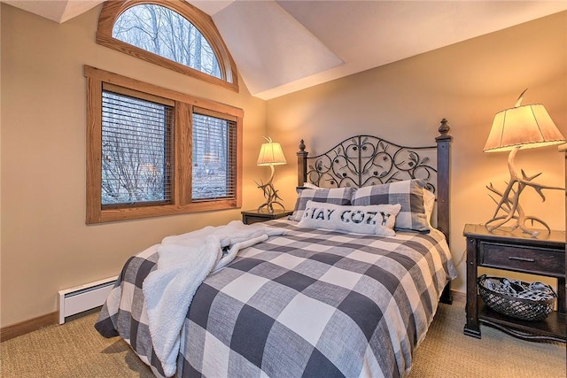 carpeted bedroom with high vaulted ceiling and a baseboard heating unit