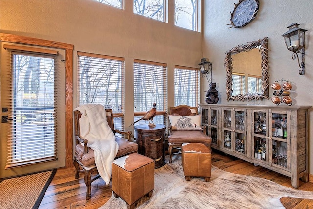 living area featuring a towering ceiling, wood-type flooring, and plenty of natural light