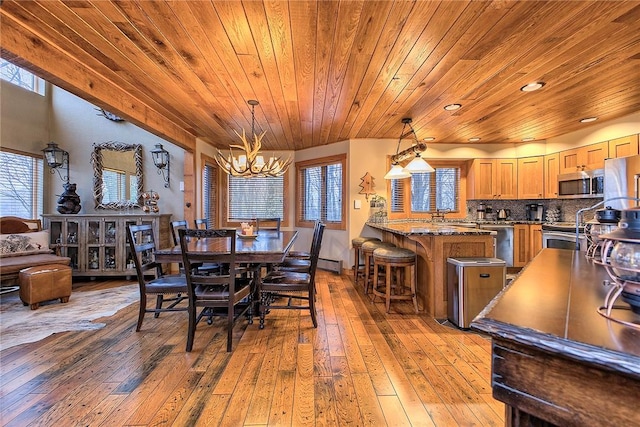 dining area featuring an inviting chandelier, wood ceiling, and hardwood / wood-style flooring