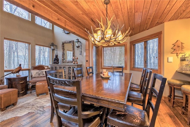 dining space with wood ceiling, a chandelier, and hardwood / wood-style floors