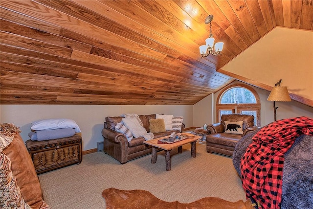 living room featuring an inviting chandelier, vaulted ceiling, wooden ceiling, and carpet