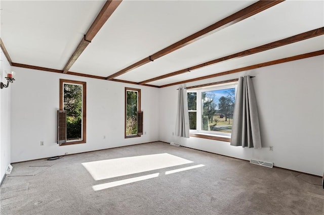 spare room featuring light colored carpet and beam ceiling