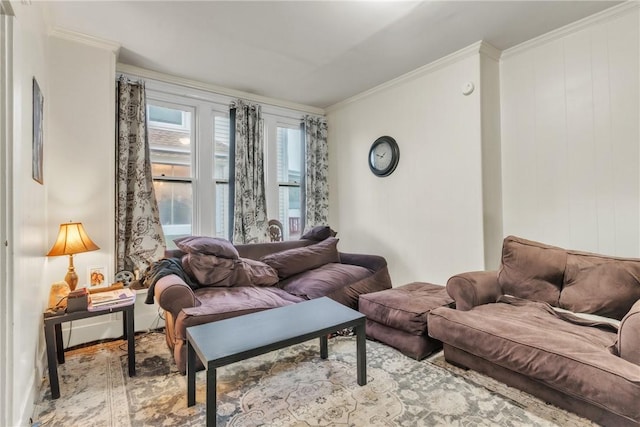 living room featuring crown molding