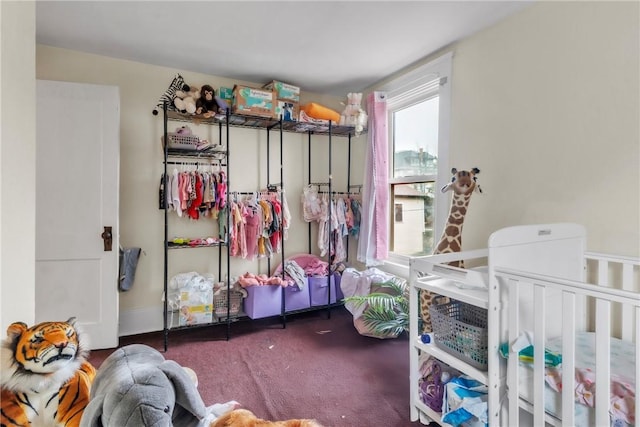 bedroom with dark carpet