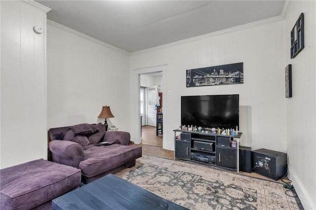 living room with crown molding