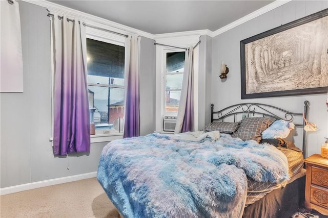 carpeted bedroom featuring crown molding