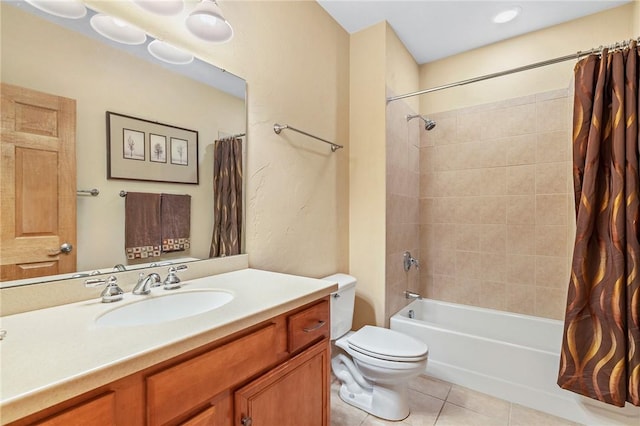 full bathroom with toilet, vanity, tile patterned floors, and shower / tub combo with curtain