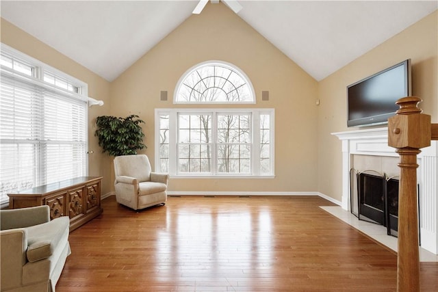 living area featuring high vaulted ceiling, a healthy amount of sunlight, and light wood-type flooring