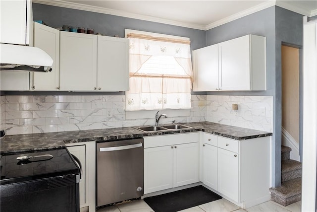 kitchen with sink, ornamental molding, white cabinets, black / electric stove, and stainless steel dishwasher