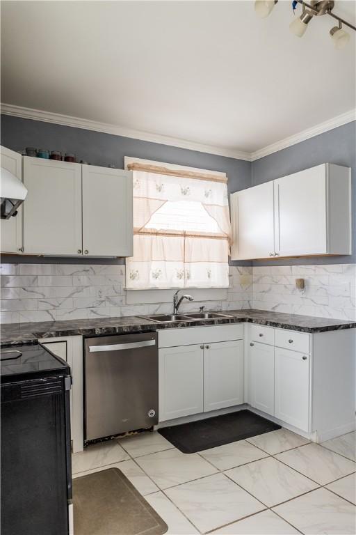 kitchen featuring crown molding, stainless steel dishwasher, decorative backsplash, and white cabinets