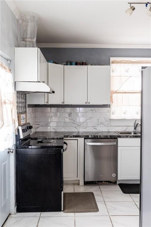 kitchen with sink, electric range oven, stainless steel dishwasher, white cabinets, and backsplash