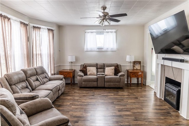 living room with dark wood-type flooring, a healthy amount of sunlight, and a premium fireplace