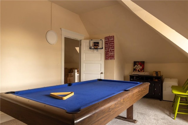 game room with vaulted ceiling, billiards, and carpet