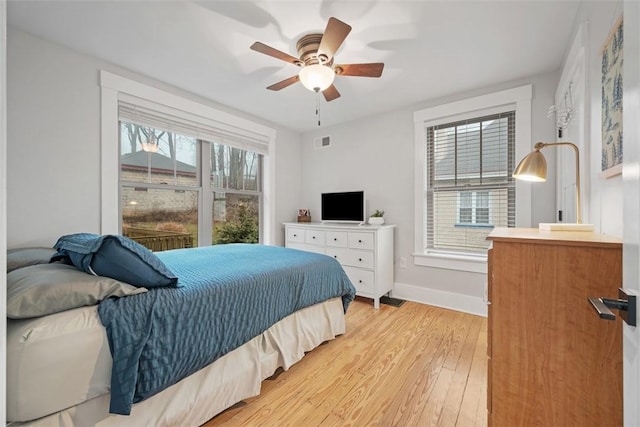 bedroom featuring ceiling fan and light wood-type flooring