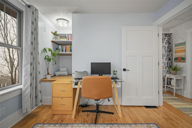 office space with light hardwood / wood-style floors