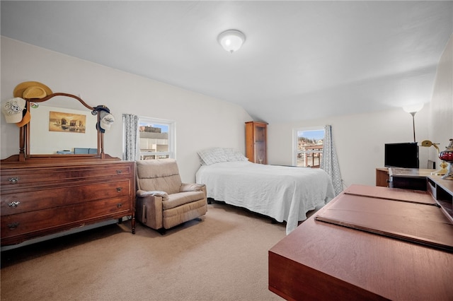 bedroom with lofted ceiling and carpet