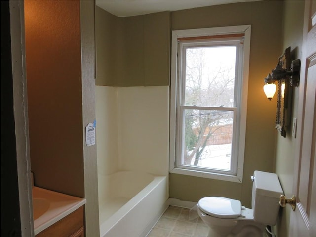 full bathroom featuring vanity, tile patterned floors, independent shower and bath, and toilet