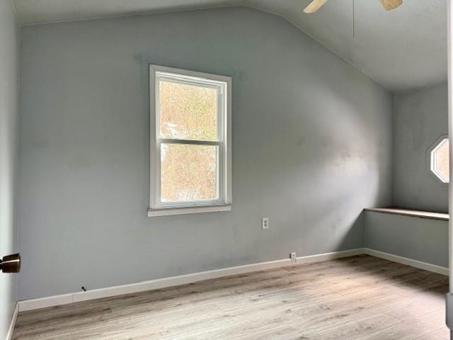 bonus room with vaulted ceiling, ceiling fan, and light hardwood / wood-style floors