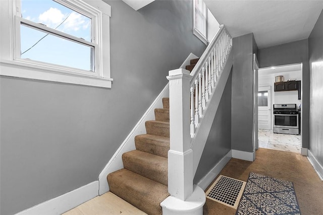 staircase featuring carpet