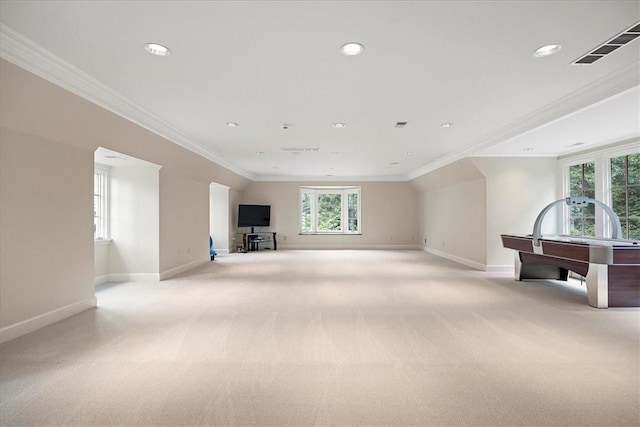 134 S Dr, Fox Chapel, PA 15238 - unfurnished living room with crown molding, baseboards, recessed lighting, and light colored carpet
