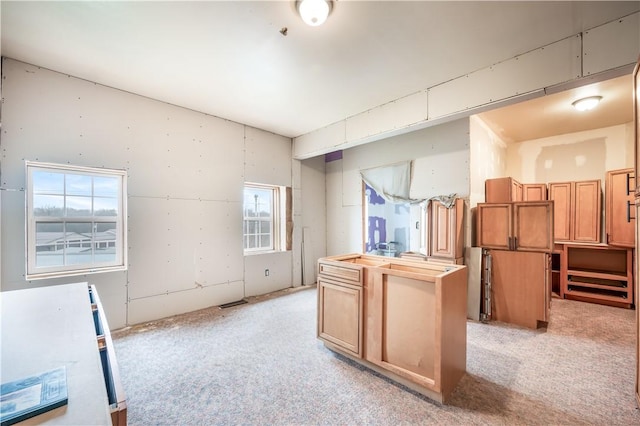 kitchen featuring wood counters, light colored carpet, and a kitchen island