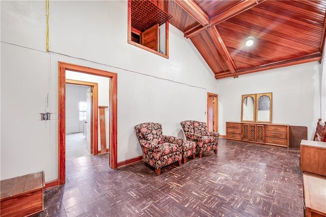 living area with high vaulted ceiling, dark parquet floors, and wooden ceiling