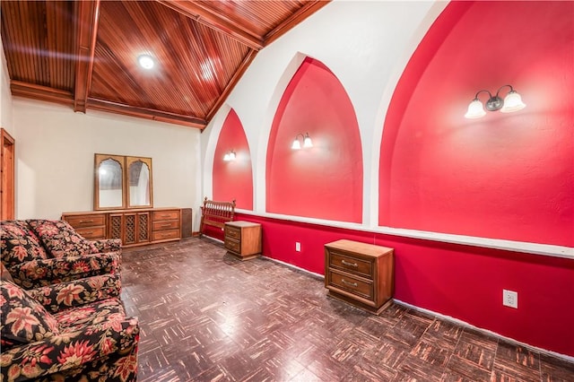 sitting room featuring ornamental molding, dark parquet flooring, and wooden ceiling