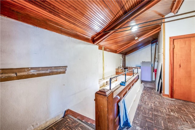 basement featuring wood ceiling