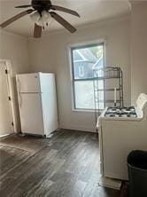 interior space featuring multiple windows, white fridge, and hardwood / wood-style flooring