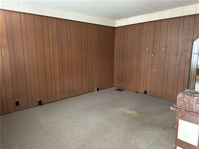 empty room featuring wooden walls and carpet