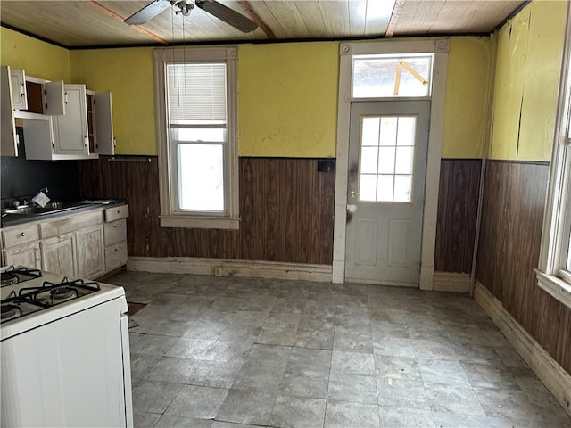 kitchen with wooden ceiling and wood walls