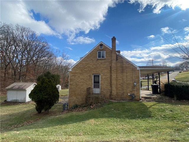 view of property exterior featuring a yard and a storage unit