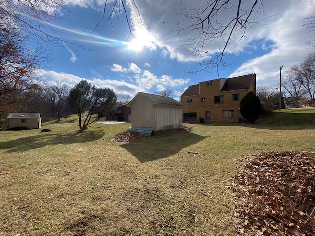 view of property exterior with a yard and a storage unit