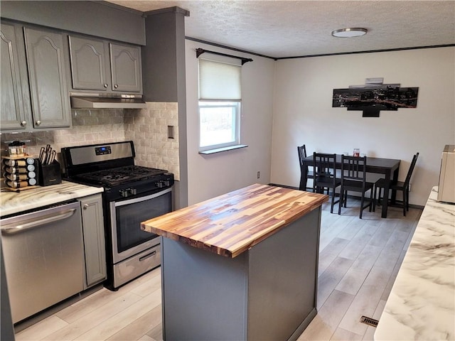 kitchen with gray cabinetry, light hardwood / wood-style floors, wooden counters, and appliances with stainless steel finishes